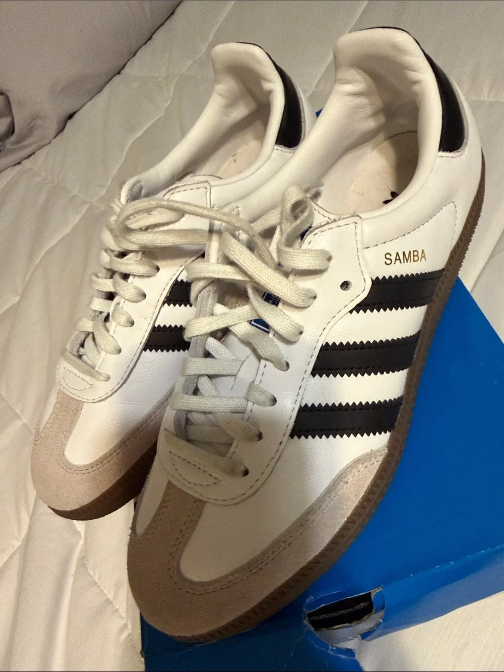 adidas White Sneakers with Black Stripes and Beige Accents